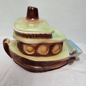 Rare American Bisque pottery cookie jar stern wheeler with lid Tugboat
